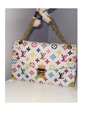 White Multicolor Fashion Monogram Shoulder Bag w/ Gold Hardware